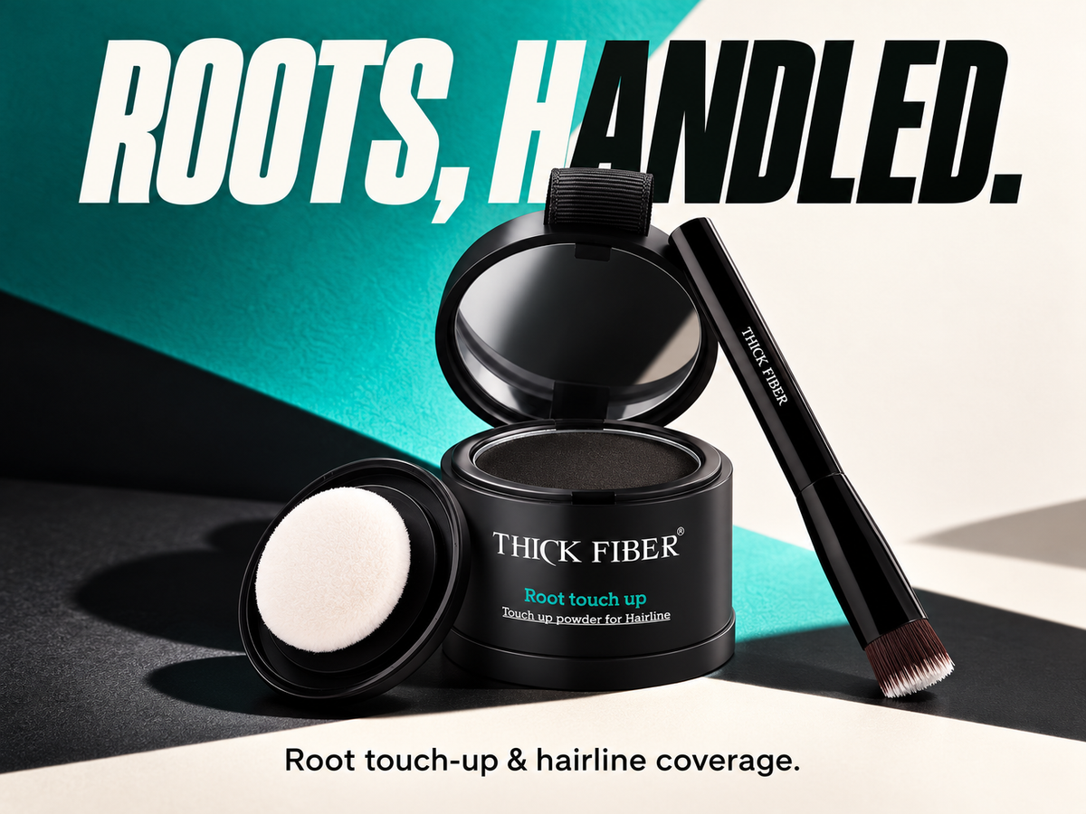 The matte-black 4g root touch-up powder compact, mirror, puff and straight precision brush in a high-contrast beauty campaign composition.
