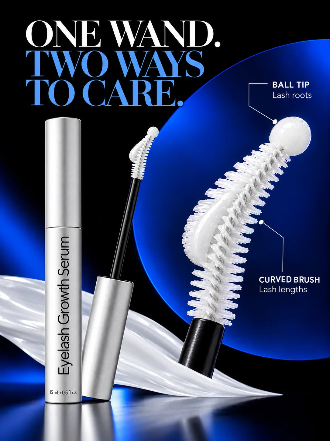 Close-up of the serum ball tip and curved lash brush.