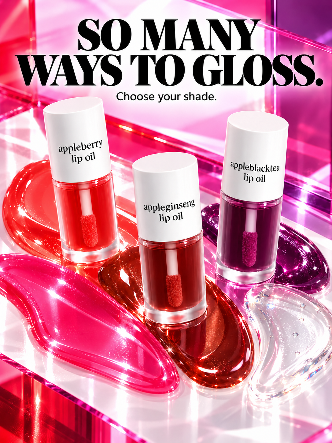 Glossy lip-oil textures in different shade colors.
