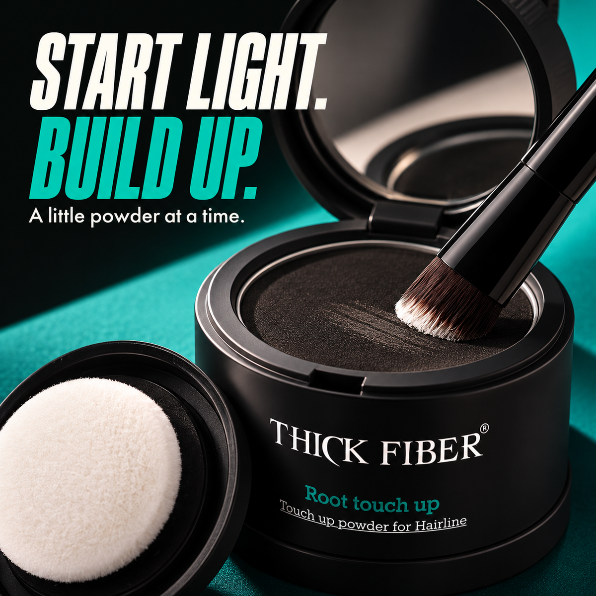 The pressed root touch-up powder pan and precision brush, showing the cosmetic powder texture.