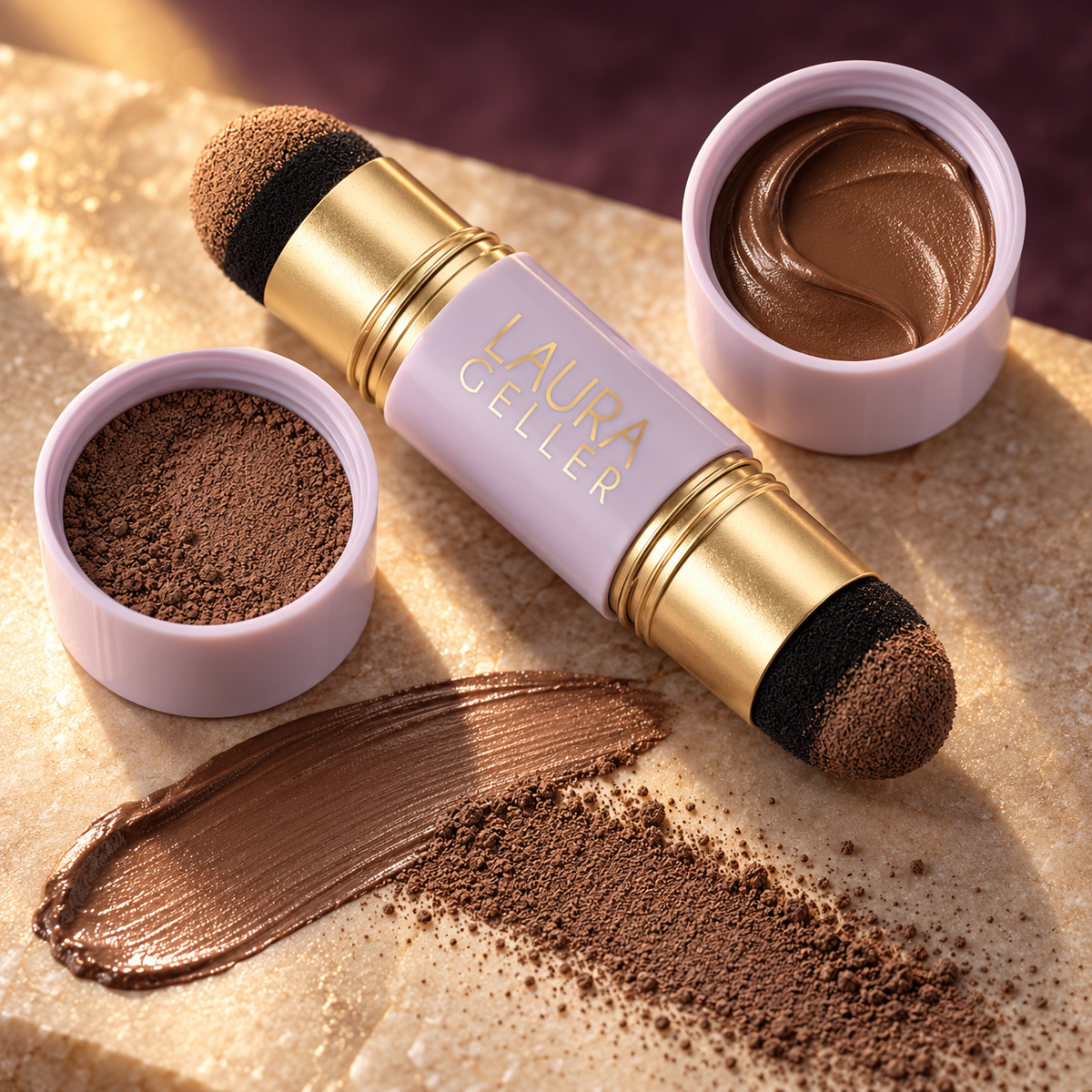 A cinematic macro of the cream and powder textures with the correct lavender and gold product.