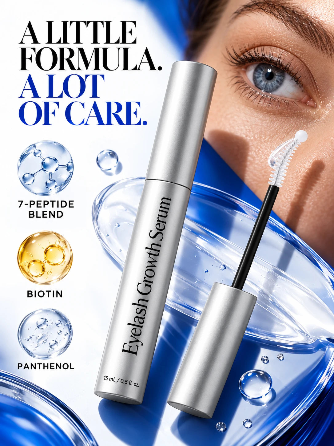 Serum bottle and a close-up of its clear formula.
