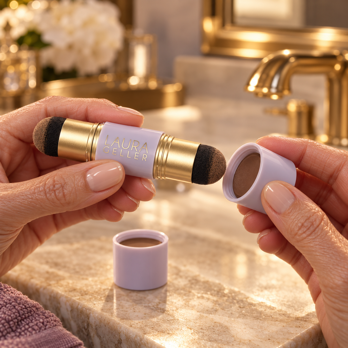 Hands preparing the built-in sponge beside its lavender cap containing cream formula.