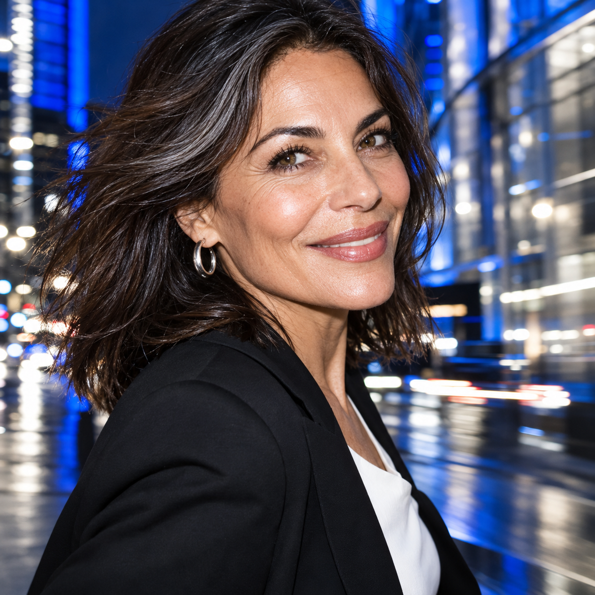 Editorial portrait of a woman wearing defined black lashes