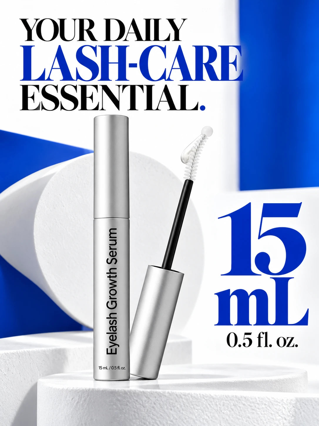 The 15 mL silver Eyelash Growth Serum tube and its applicator.
