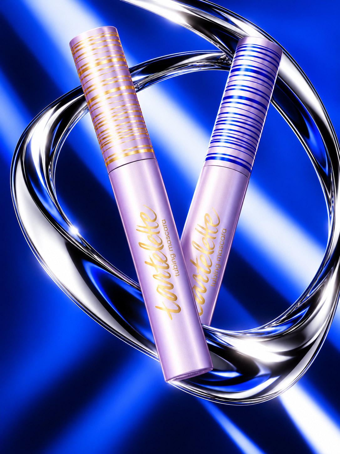 Lavender mascara duo with its wands in a sculptural studio composition