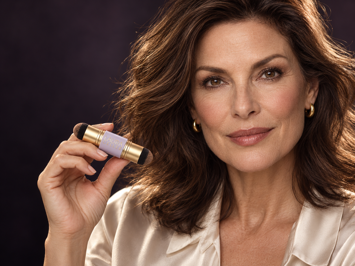 A cinematic beauty portrait featuring the Laura Geller gold and lavender dual-ended root touch-up product.