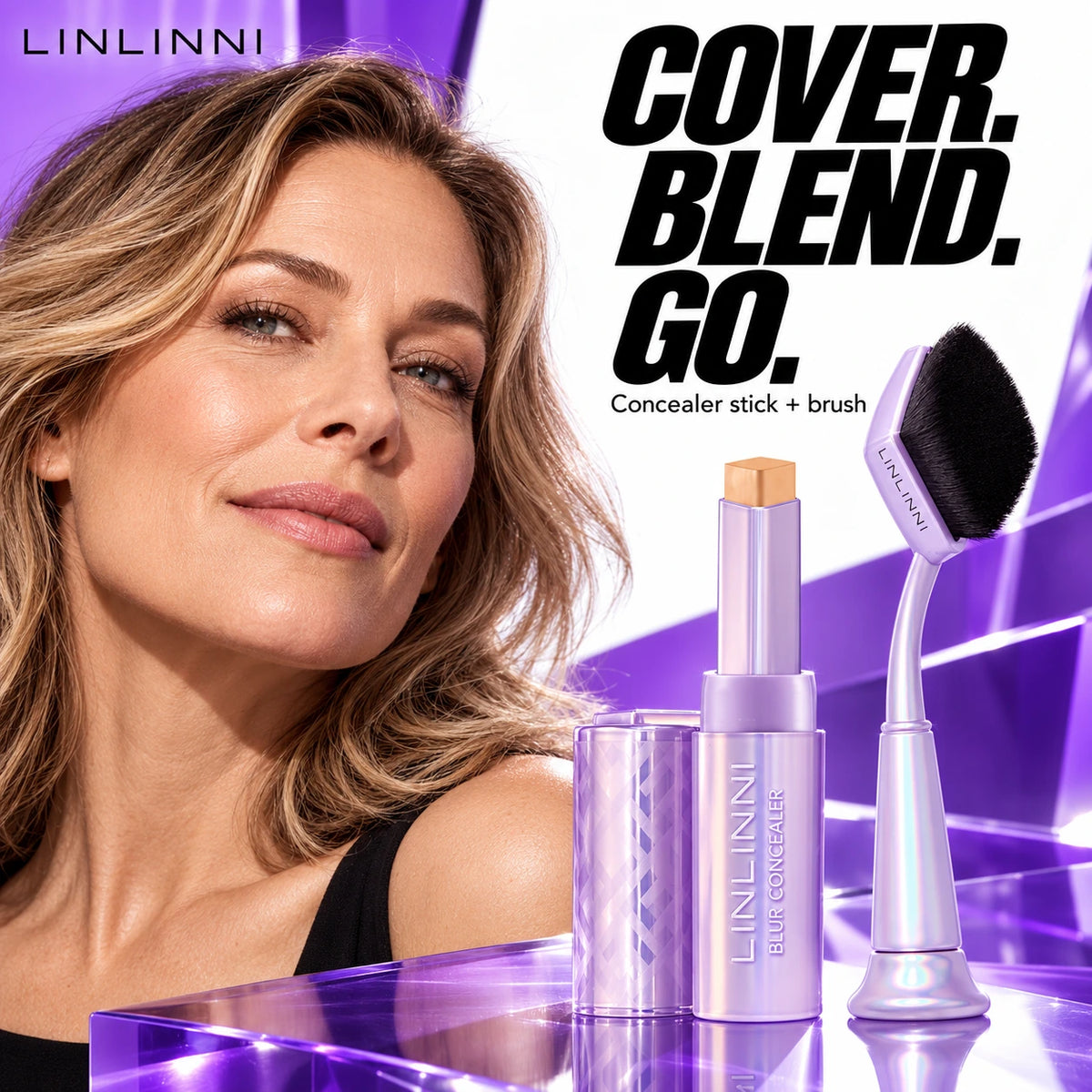 LINLINNI concealer stick and matching blending brush with a natural adult model finish.