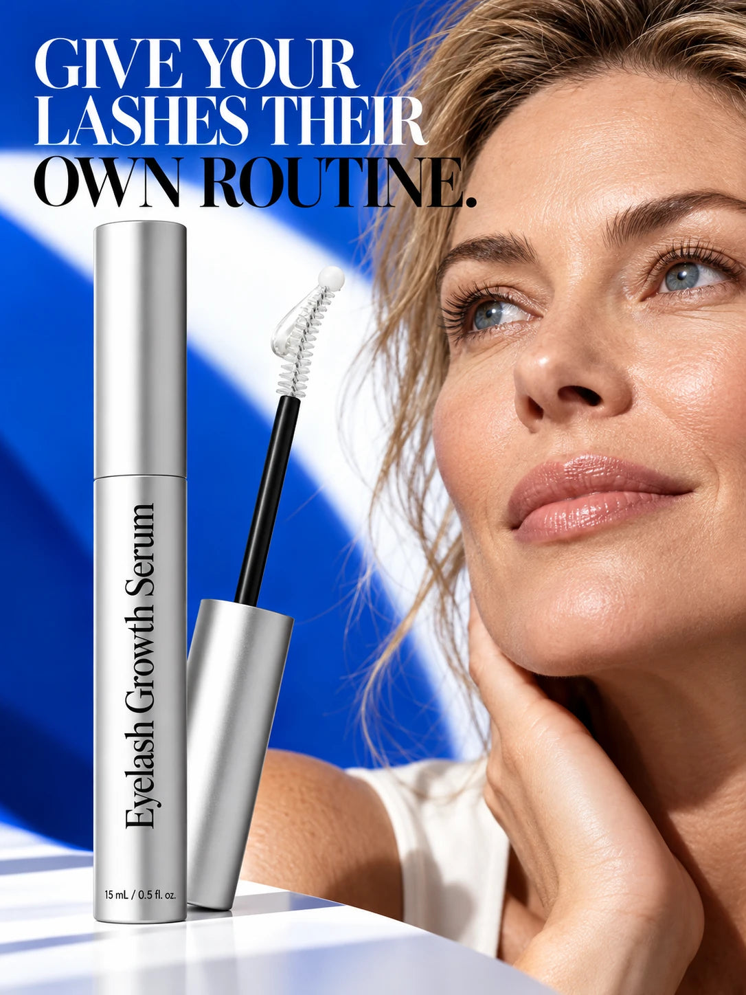 Eyelash Growth Serum beside a natural-lash beauty portrait.