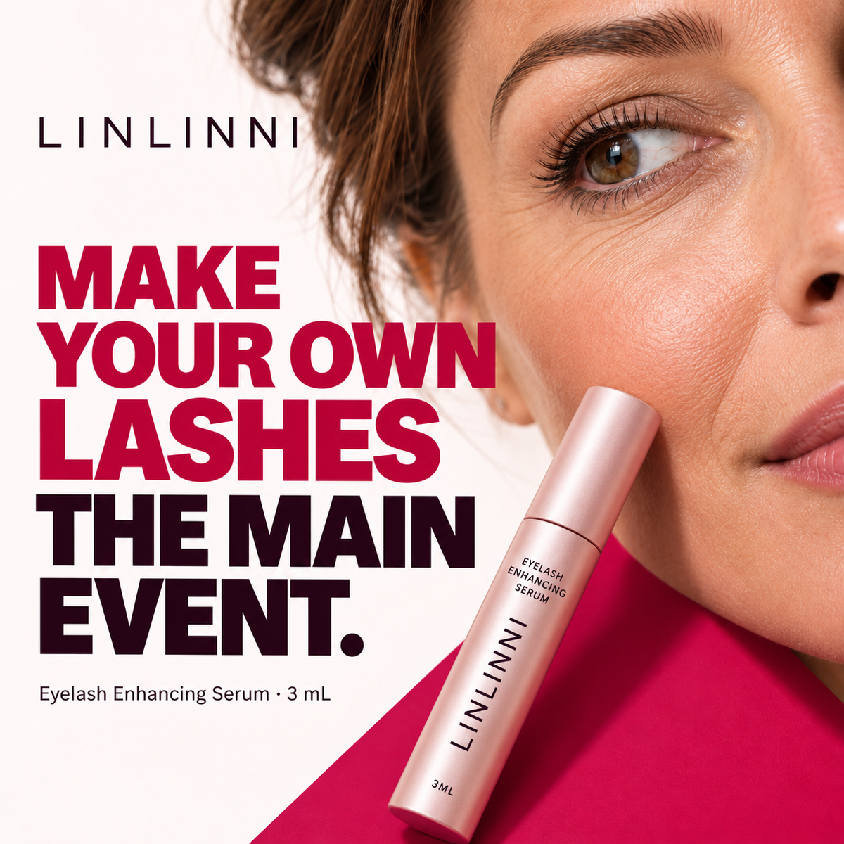 LINLINNI eyelash enhancing serum with natural-lash beauty imagery