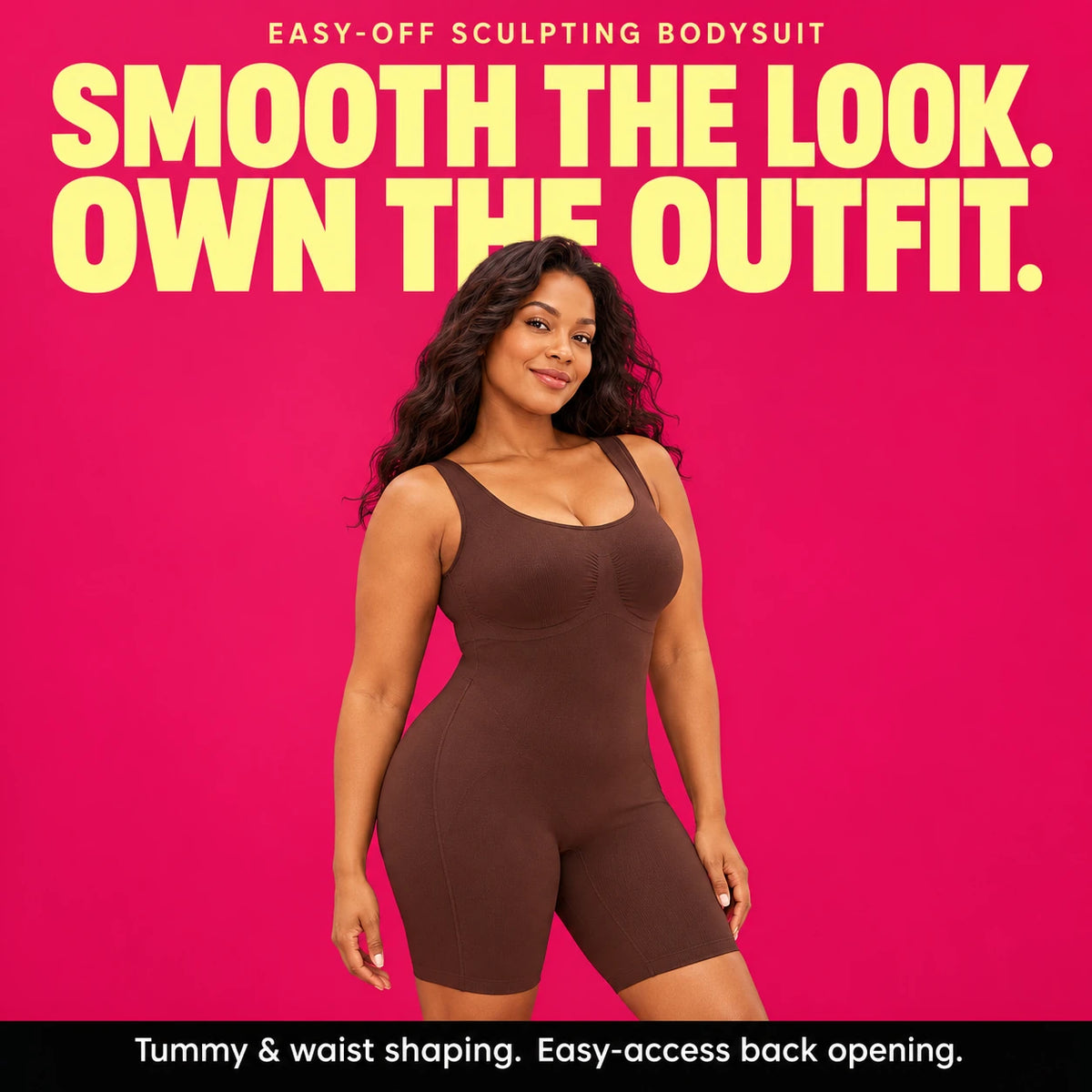 Easy-Off sculpting bodysuit with broad fixed straps, a scoop neckline, and mid-thigh shorts.