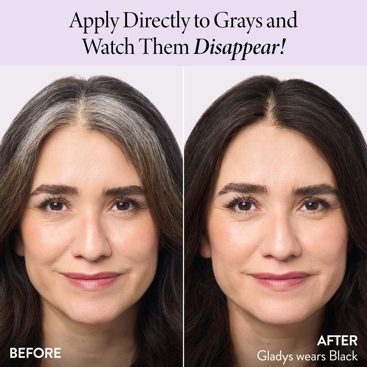Original Laura Geller before-and-after photographs of Gladys wearing Black to cover gray roots.