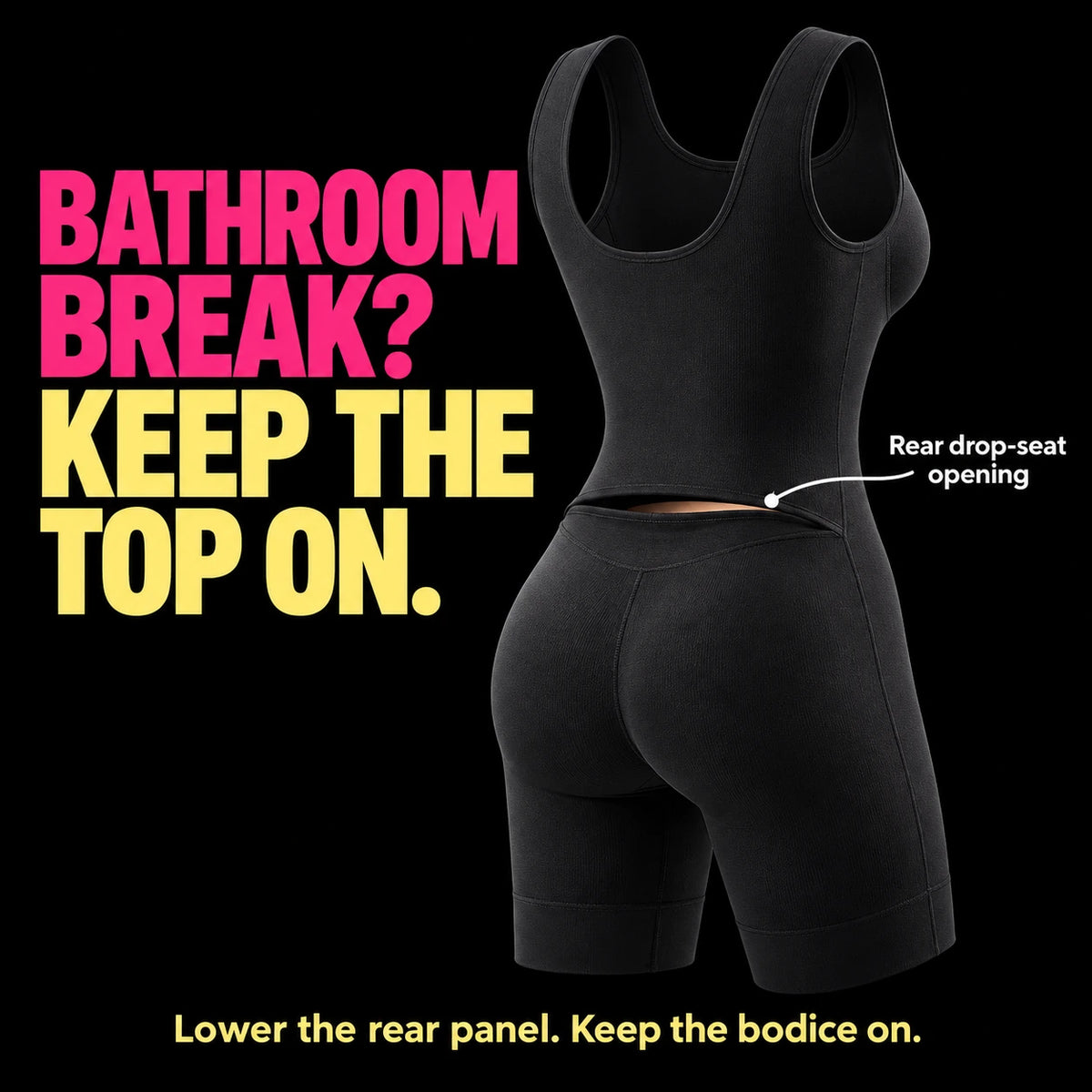 The bodysuit rear drop-seat opening at the lower back for easier bathroom access.
