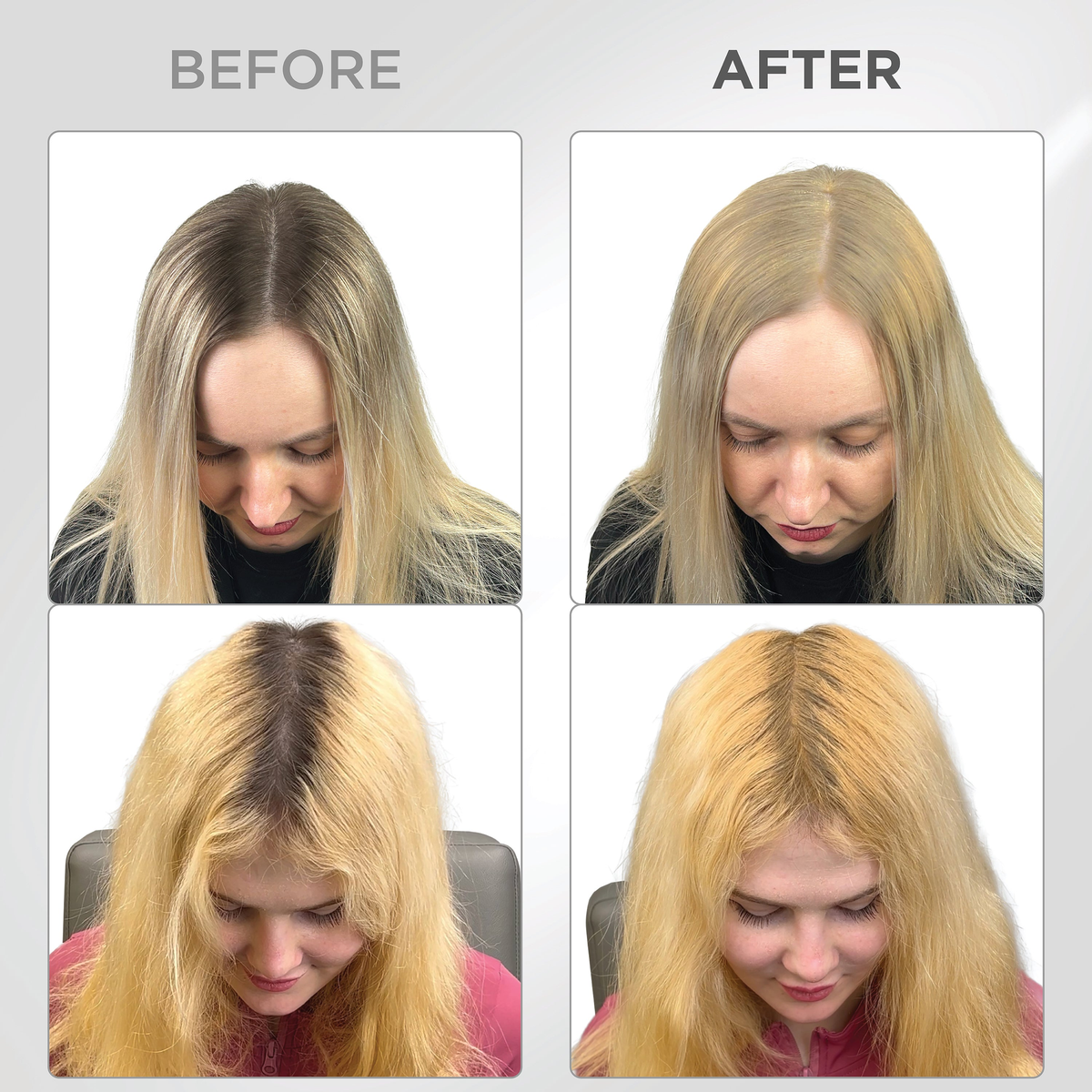 Unaltered brand-supplied Blonde shade root and part-line application examples, preserving the original before-and-after photographs.