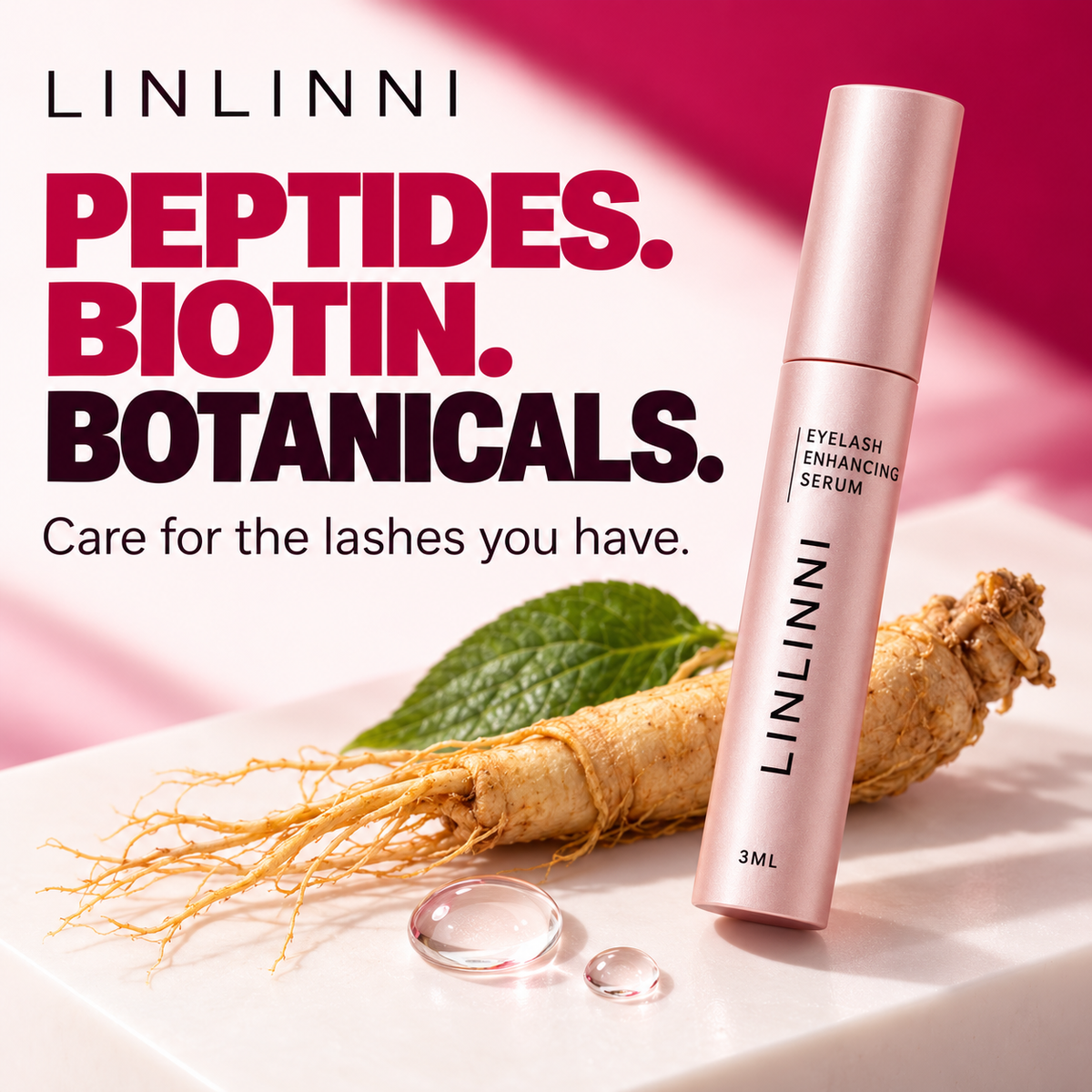 LINLINNI serum with a visual presentation of its peptide, biotin, and botanical formula