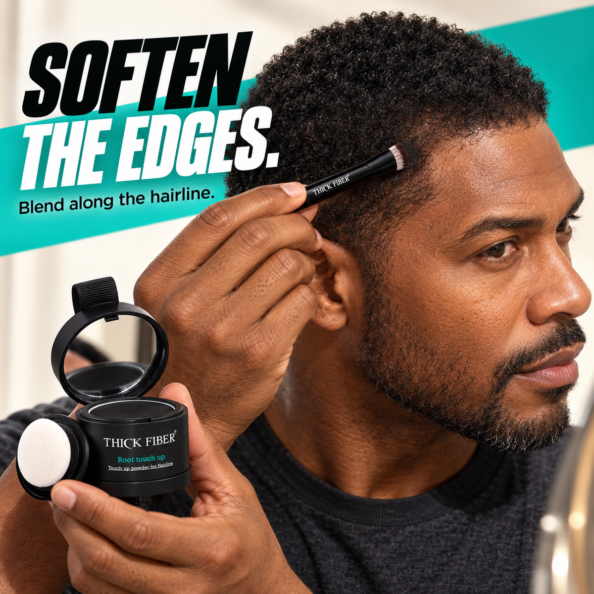 Close-up of controlled cosmetic powder application along the hairline and temples.