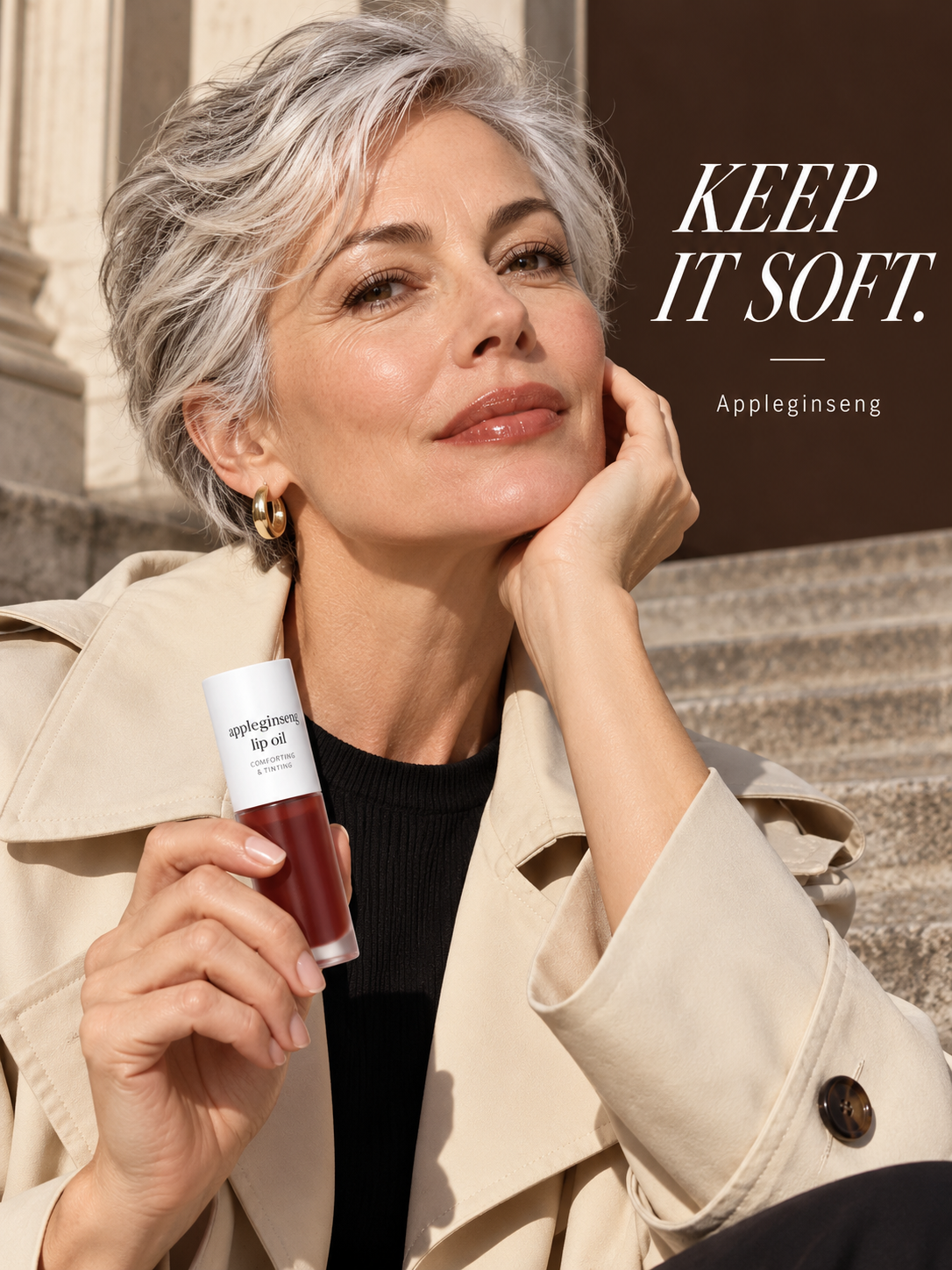 Warm red-brown Ginseng lip-oil look on a white woman.
