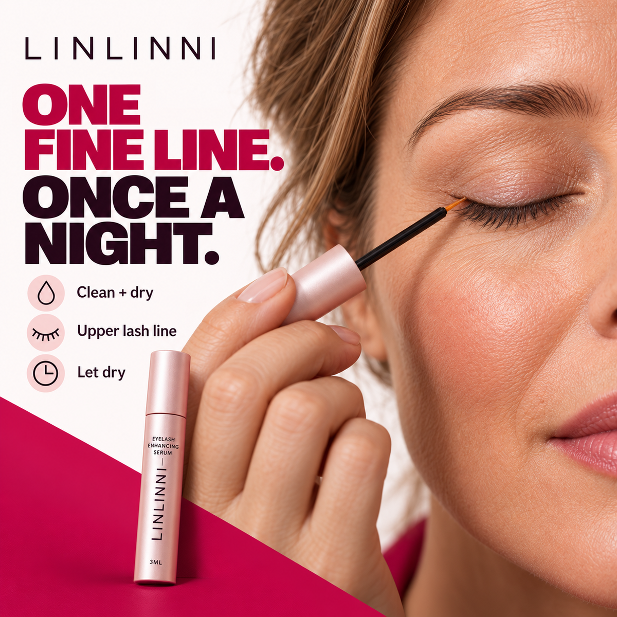 A fine line of LINLINNI serum being applied along the upper lash roots with the eye closed