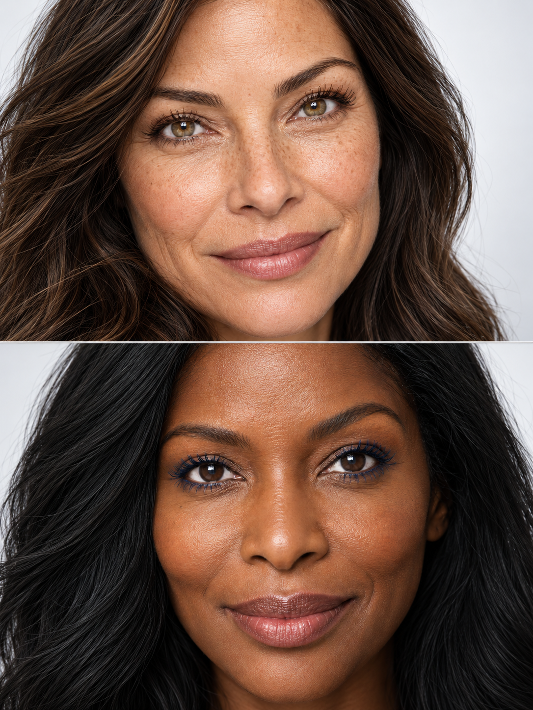 Two adult editorial eye makeup looks in Brown and Navy