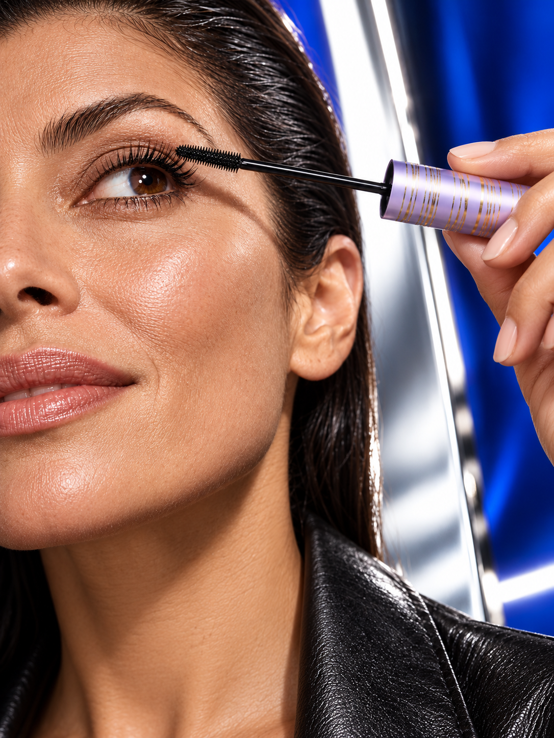An adult woman carefully applying mascara to her upper lashes