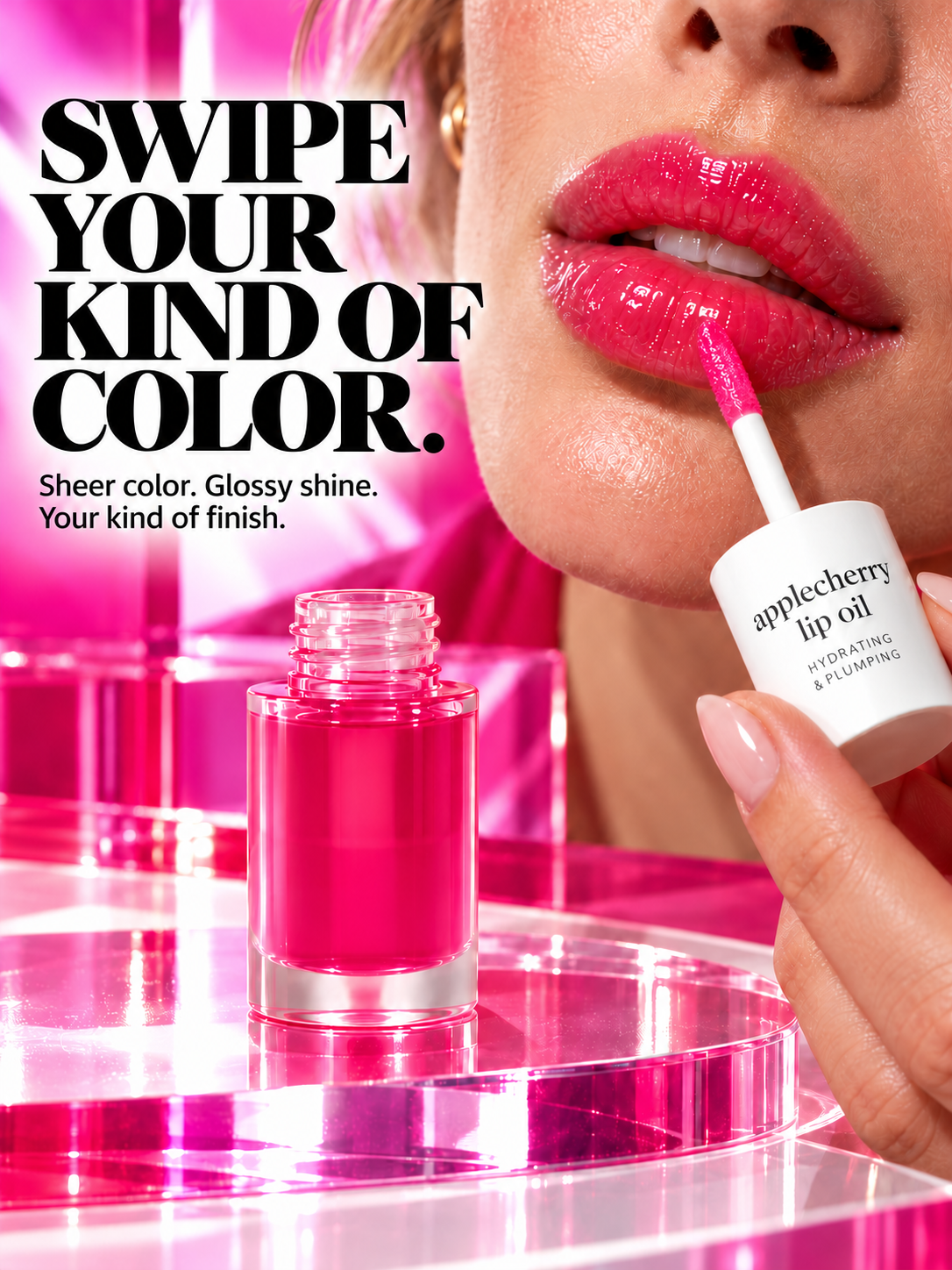 Applying a tinted lip oil with its pointed applicator.