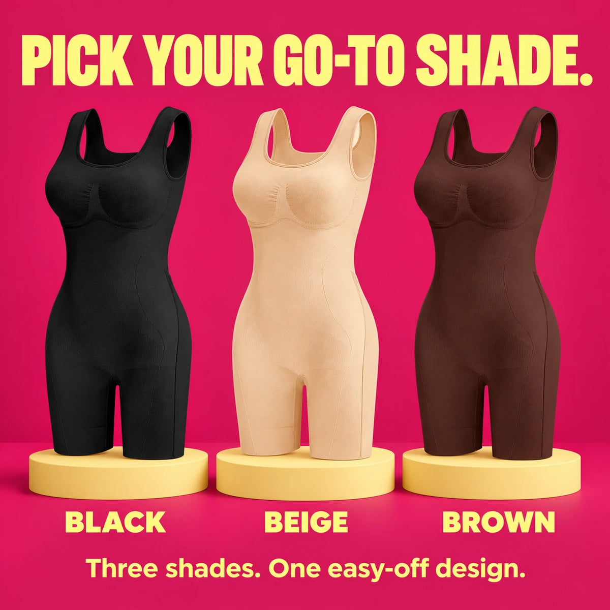 The bodysuit in Black, Beige, and Brown.