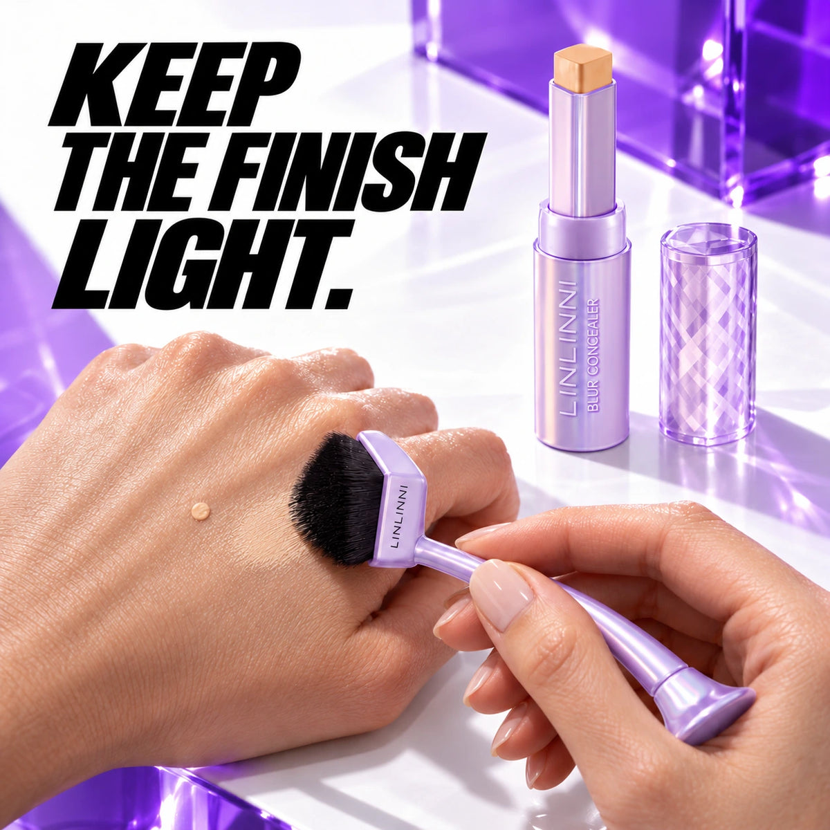 Light, buildable concealer application with natural skin texture.