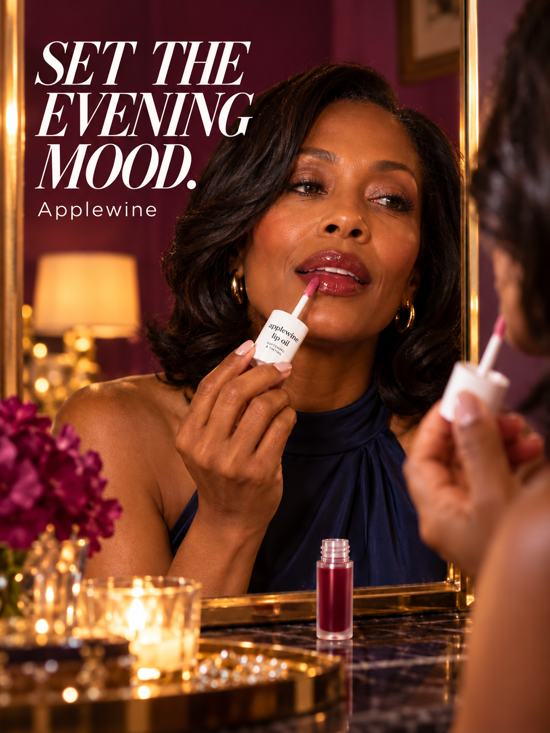 An evening lip-oil look in a deeper shade.
