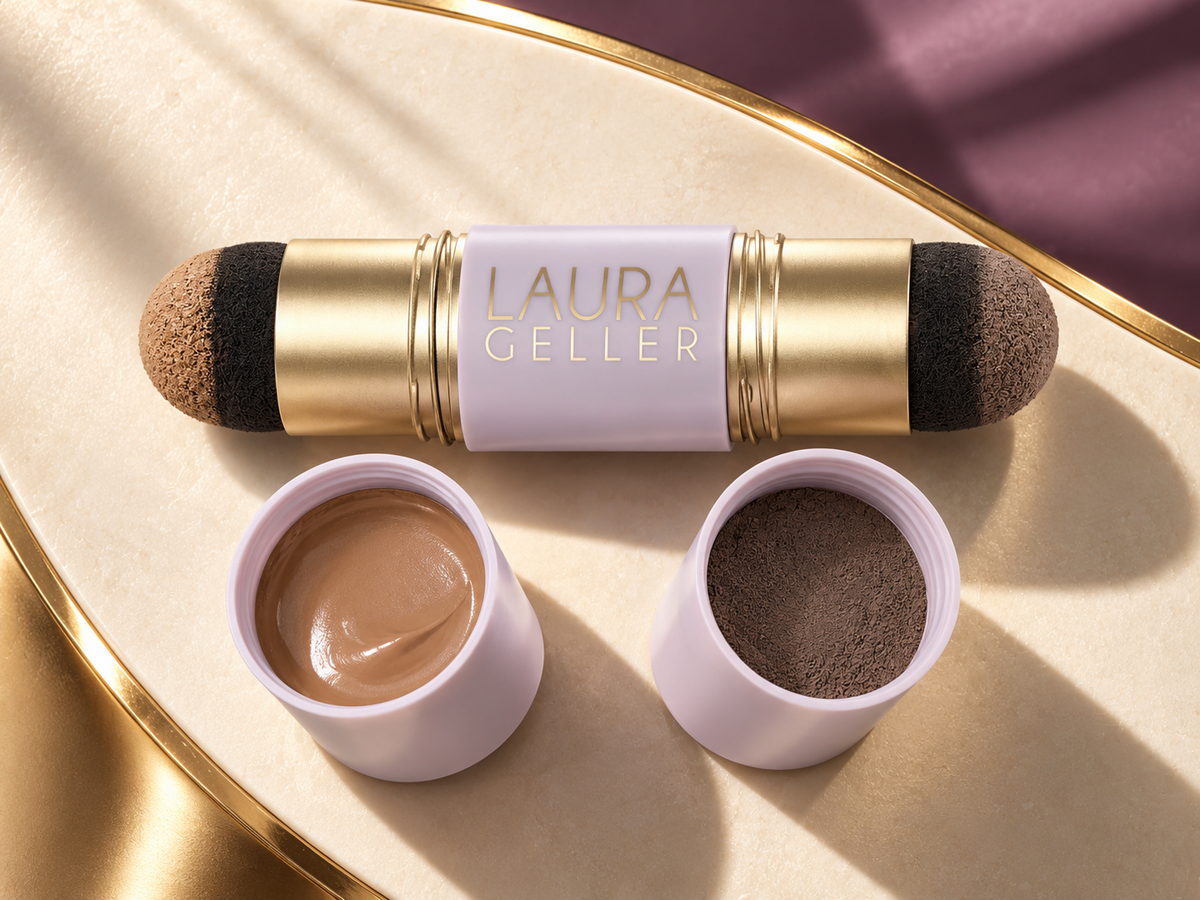 One gold and lavender dual-ended tool with its two formula-containing screw caps in a cinematic still life.