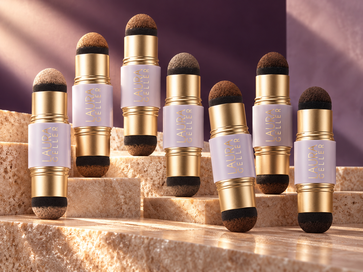 A creative still life illustrating the product shade range beside the seven shade names on the page.