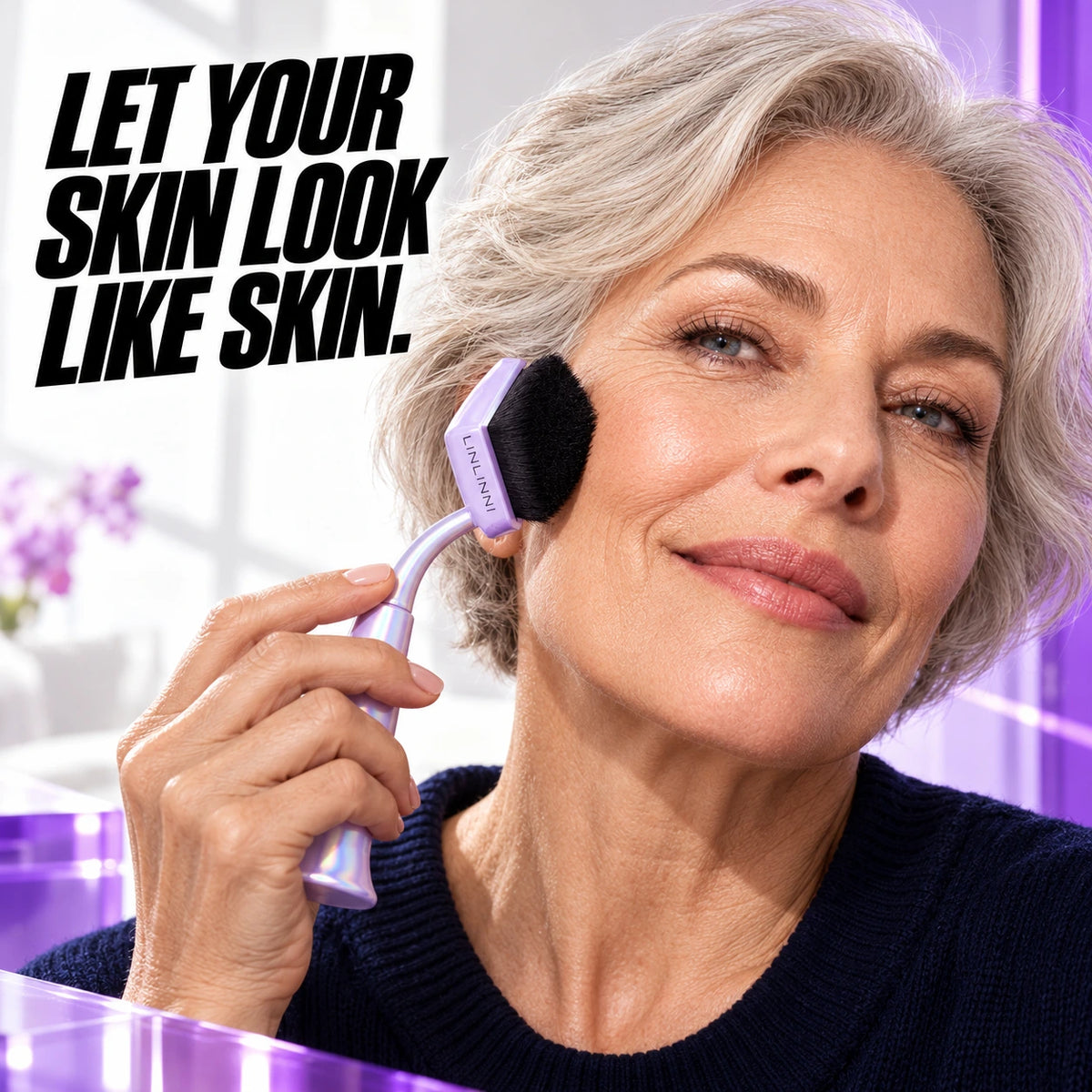 A mature adult woman with visible natural skin texture and a soft makeup finish.