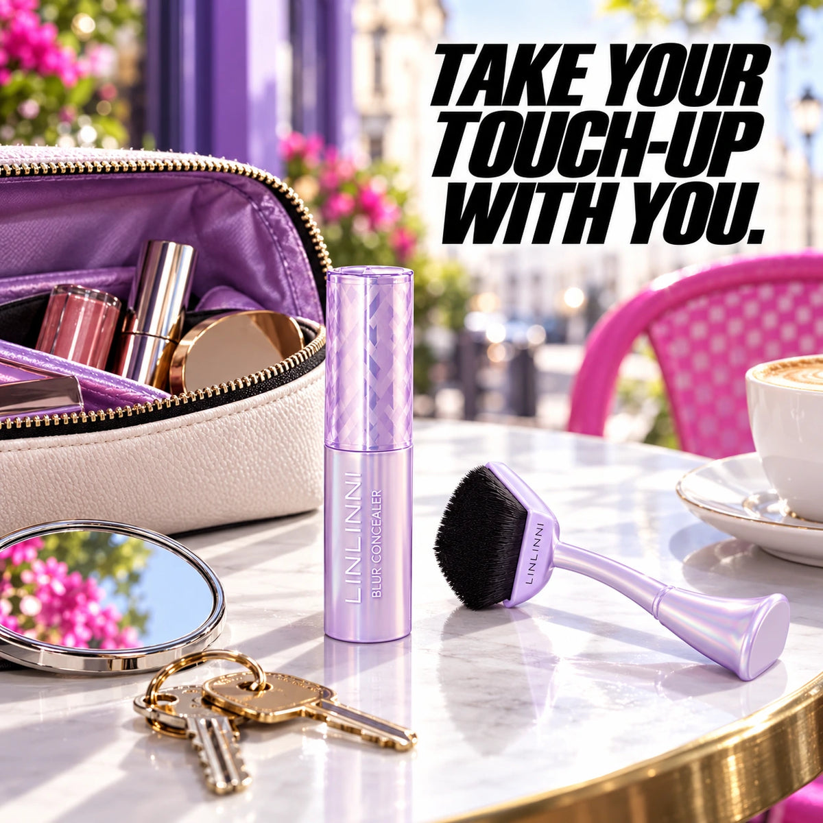 LINLINNI concealer stick and blending brush near a makeup bag.