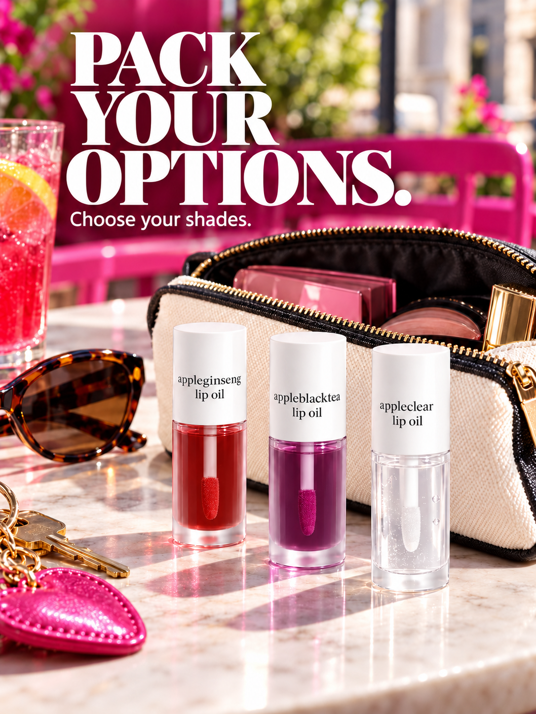 Two shades of lip oil in an everyday makeup pouch.