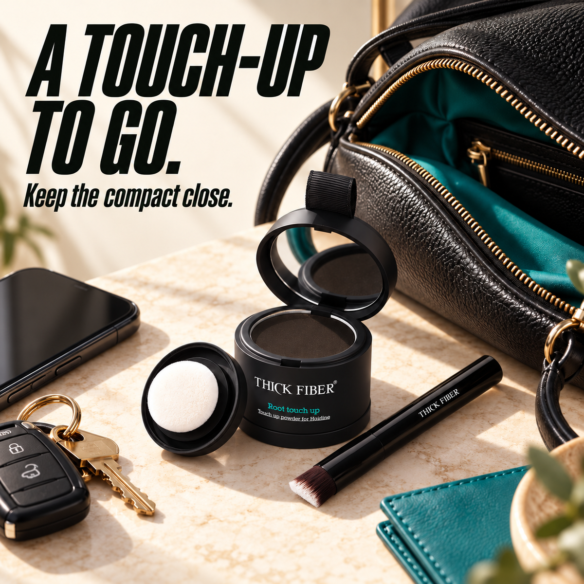 The matte-black compact and included tools in a realistic handbag or on-the-go touch-up setting.