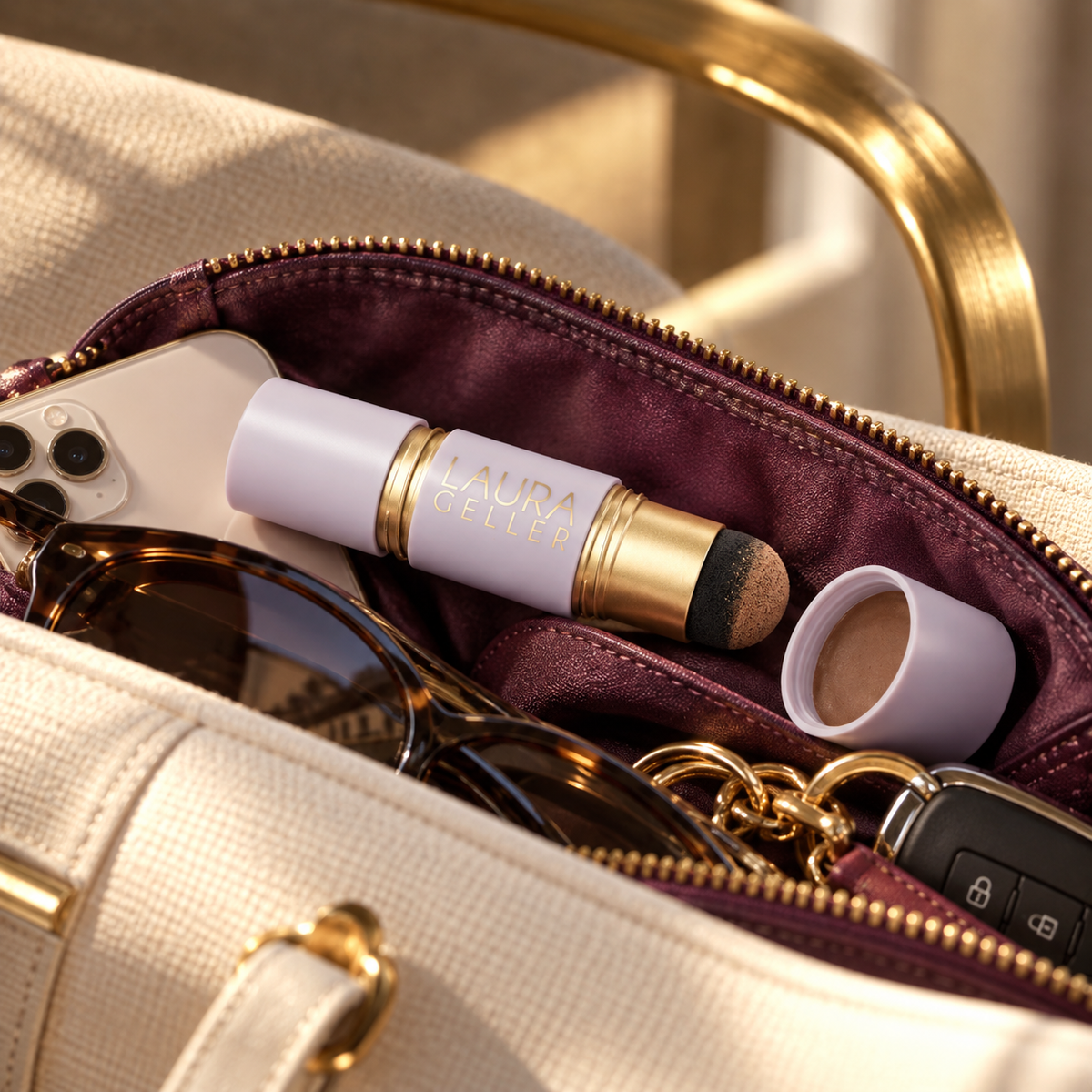 The small dual-ended cream and powder product with a travel makeup pouch and everyday essentials.