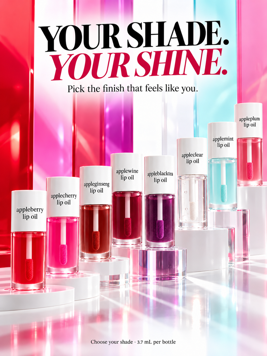 A colorful range of Apple Lip Oil + Tint bottles.