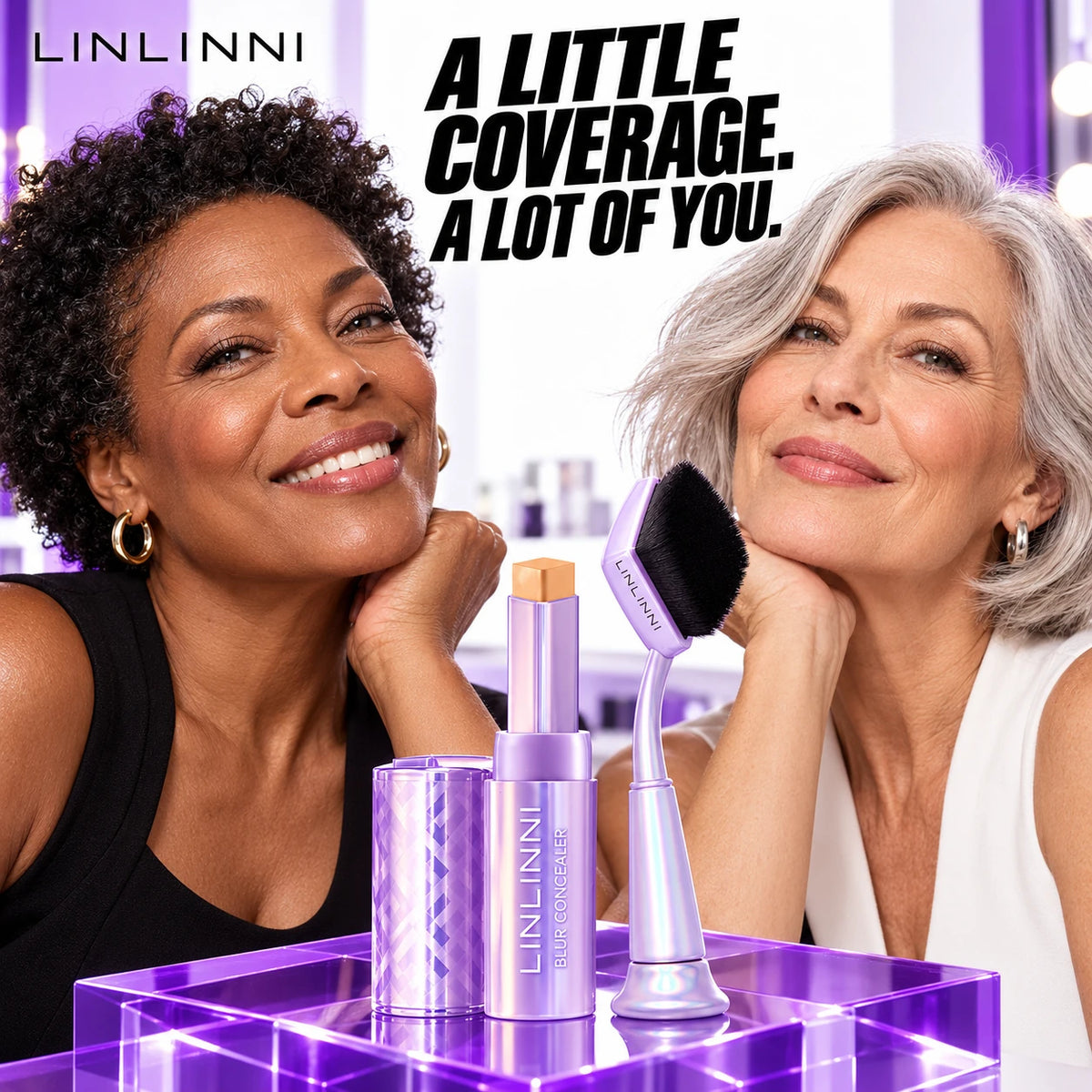 LINLINNI concealer stick and matching brush with a confident natural model finish.