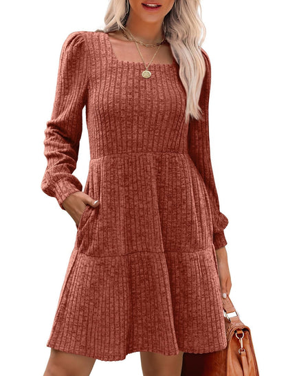 🔥Womens Square Neck Long Sleeve Fall Dresses Casual Babydoll Sweater Dress