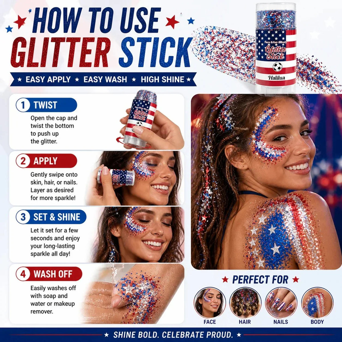 🎁LAST DAY 50% OFF-🦅4th of July Glitter Stick✨🔔Red, White & Blue Body & Hair Sparkle