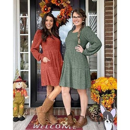 🔥Womens Square Neck Long Sleeve Fall Dresses Casual Babydoll Sweater Dress