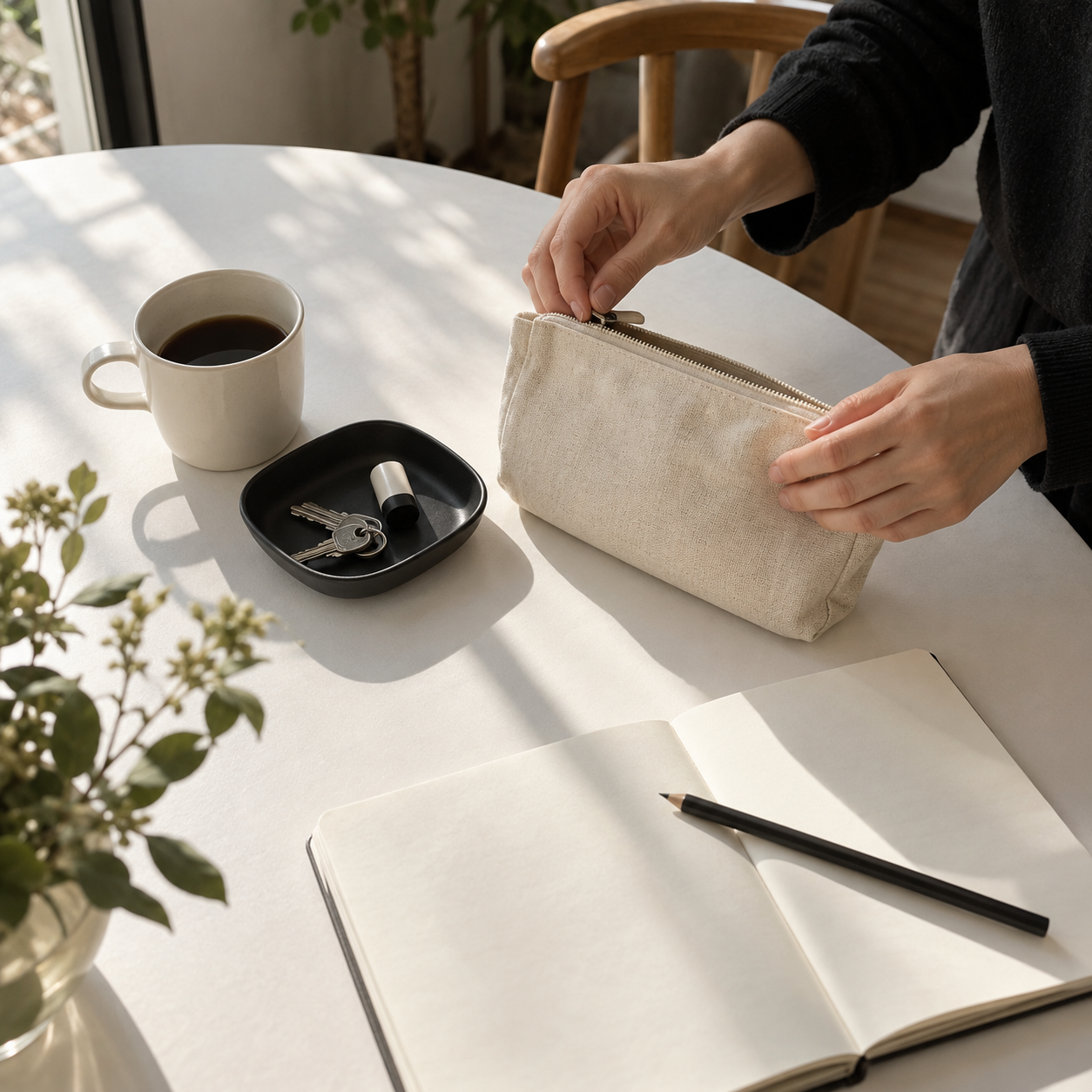 Everyday objects and a canvas pouch arranged on a sunlit table.